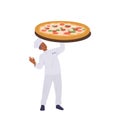 Young man cook pizzaiolo cartoon character holding giant pizza isolated on white background