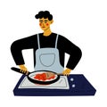 Young Man Cooking in the Kitchen, Guy Preparing Food on Frying Pan Vector Illustration Royalty Free Stock Photo