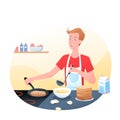 Young man is cooking pancakes in kitchen, morning time, pancakes for breakfast. Happy guy cooks pancakes, cartoon flat