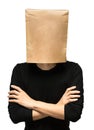 Young man covering his head using a paper bag. Royalty Free Stock Photo