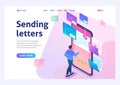 Young man creates New email message, send mail notification. New incoming message. Business correspondence. 3d isometric. For