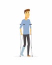 Young man on crutches - cartoon people characters isolated illustration