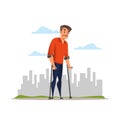 Young man on crutches flat vector illustration Royalty Free Stock Photo