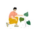 Young Man Cultivating Plant, Guy Working in Garden or Farm Vector Illustration Royalty Free Stock Photo