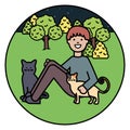 Young man with cute cats mascots on the park Royalty Free Stock Photo