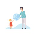 Young Man and Cute Girl Holding Big Terrestrial Globe, Father Giving Earth Globe to His Daughter Vector Illustration Royalty Free Stock Photo