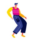 Young man dancing joyfully in a trendy outfit, showing happiness with a lively pose. Energetic youth enjoying a dance