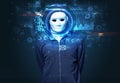 Young man on dark background, face recognition concept Royalty Free Stock Photo