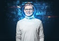 Young man on dark background, face recognition concept Royalty Free Stock Photo