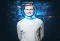 Young man on dark background, face recognition concept Royalty Free Stock Photo