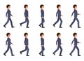 Young man in dark blue suit walking sequence. Vector illustration of moving cartoon character person. Royalty Free Stock Photo