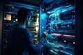 Young man in datacenter server room working with fiber optic cables, Software engineer utilizing a computer in a modern data