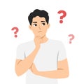 Young Man in Deep Thought with his hand on his chin and question marks around him Royalty Free Stock Photo