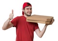 Young man is delivering pizza in boxes. Pizza delivery concept. Royalty Free Stock Photo