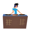 Young Man DJ Playing Music Behind the Decks. Vector Illustration, Isolated on White.