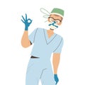 Young Man Doctor in Mask and Glasses Showing Ok Hand Gesture as Medical Staff Working in Clinic Vector Illustration