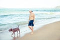 Young man with dog american pit bull terrier walking on the tropical beach Royalty Free Stock Photo