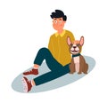 Young man with the dog sitting on the floor. Caring for a four-footed friend. Vector illustration on white background in cartoon