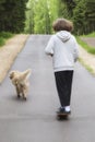 A young man and a dog on a skateboard ride in the park in the summer Royalty Free Stock Photo