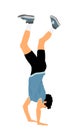 Young man doing cartwheel exercise. Sportsman acrobat boy in handstand position vector illustration.