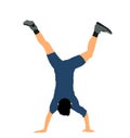 Young man doing cartwheel exercise. Sportsman acrobat boy in handstand position vector illustration.