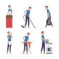 Young Man Doing Domestic Chores and Cleanup Vector Set