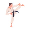 Young Man Doing Karate Wearing Kimono and Black Belt Engaged in Martial Art Vector Illustration Royalty Free Stock Photo