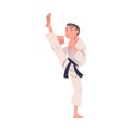 Young Man Doing Karate Wearing Kimono and Black Belt Engaged in Martial Art Vector Illustration Royalty Free Stock Photo