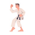 Young Man Doing Karate Wearing Kimono and Black Belt Engaged in Martial Art Vector Illustration Royalty Free Stock Photo