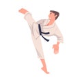 Young Man Doing Karate Wearing Kimono and Black Belt Engaged in Martial Art Vector Illustration Royalty Free Stock Photo