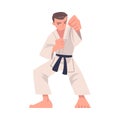 Young Man Doing Karate Wearing Kimono and Black Belt Engaged in Martial Art Vector Illustration Royalty Free Stock Photo