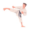 Young Man Doing Karate Wearing Kimono and Black Belt Engaged in Martial Art Vector Illustration Royalty Free Stock Photo