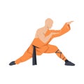 Young man doing kung fu fighting exercise. Energetic shaolin monk