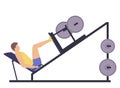 Young man doing leg press. Exercises on a sports simulator. Healthy lifestyle. Vector illustration in hand drawn flat style