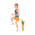 Young Man Doing Morning Exercises At Home, Stay Home, Keep Fit And Positive Cartoon Style Vector Illustration