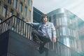 Young male student doing parkour and freerun in the city Royalty Free Stock Photo