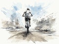 Young man doing wheelie with bicycle in beach in hand-drawn style