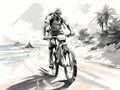 Young man doing wheelie with bicycle in beach in hand-drawn style Royalty Free Stock Photo