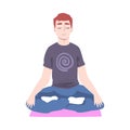 Young Man Doing Yoga, Guy Sitting On Floor in Lotus Position and Meditating Cartoon Style Vector Illustration