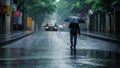 A young man, drenched in the heavy rain, walks down the deserted road with his trusty black umbrell