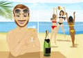 Young man drinking champagne in front of girls playing beach volleyball Royalty Free Stock Photo