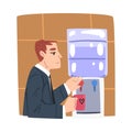 Young Man Drinking Water at Cooler, Businessman or Office Worker Daily Routine Cartoon Style Vector Illustration Royalty Free Stock Photo