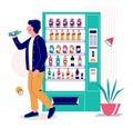 Young man drinking water he has bought from drink vending machine, flat vector illustration. Royalty Free Stock Photo