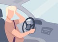 Young Man Driving a Car, View from the Inside, Male Driver Character Holding Hand on a Steering Wheel Vector Royalty Free Stock Photo