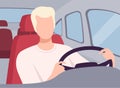 Young Man Driving a Car, View from the Inside, Male Driver Character Holding Hands on a Steering Wheel Vector Royalty Free Stock Photo