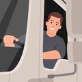 Young Man Driving a Delivery Truck. Smiling truck driver in the car. Delivery cargo service Royalty Free Stock Photo