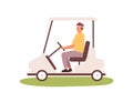 Young man driving golf cart or car in cap visor. Male character working at transport service in golfing club. Flat Royalty Free Stock Photo