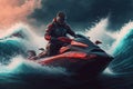 Young man driving a jet ski in rough seas, illustration generated by AI