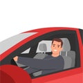 Young man driving the red car side view profile. Looking at viewer Royalty Free Stock Photo