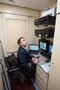 A young man on duty train conductor